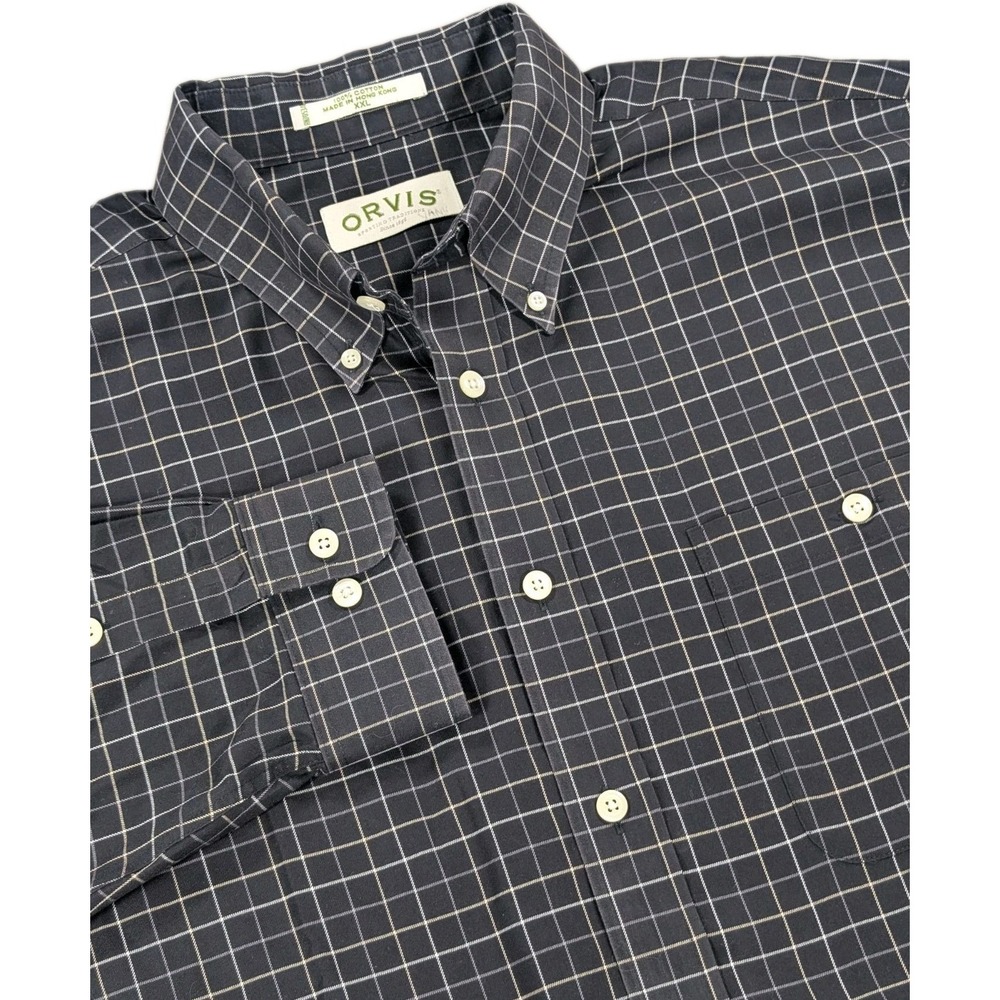 Vintage 90s Orvis Button Down Shirt Mens Size XXL Black Plaid Windowpane Cotton